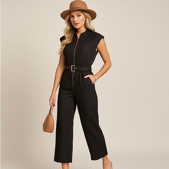 Olia Pants - NWT 100% Cotton Black Gold Front-Zip Capped Sleeve Jumpsuit with Belt, XL
